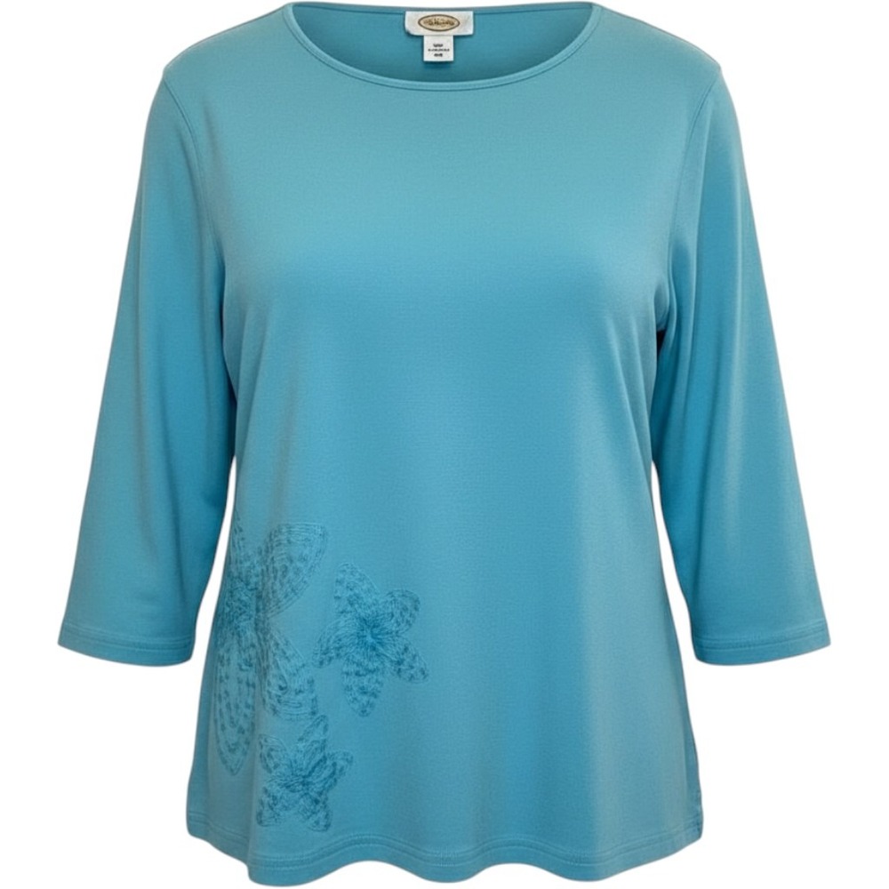 Vintage Aqua‎ Blue Floral Embroidered Cotton Tee 3/4 Sleeve Bateau Neck M